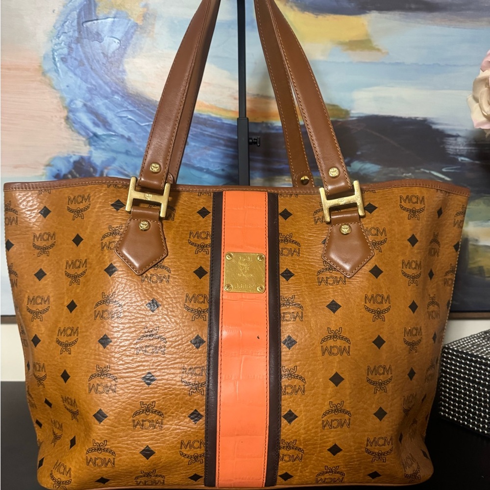 MCM Cognac and Black Logo Tote